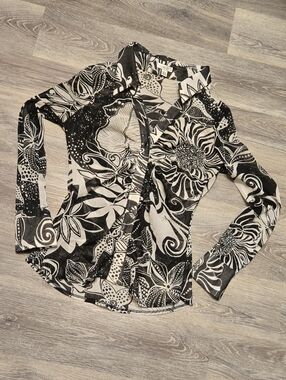 Vintage Cache Mod Print Mesh Blouse Sz L